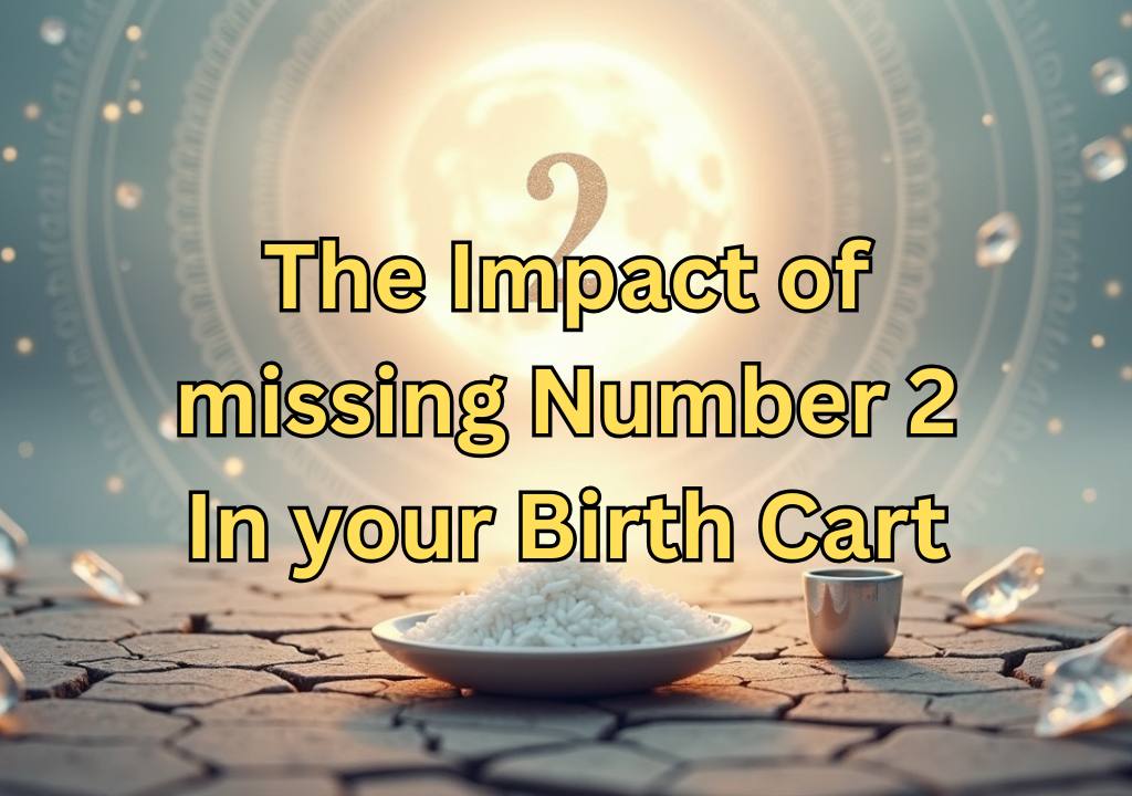 A mystical image with a glowing sun-like orb in the background and a large number "2" floating above a bowl of rice on a cracked, arid ground, with scattered crystals. The text reads: "The Impact of missing Number 2 In your Birth Cart.