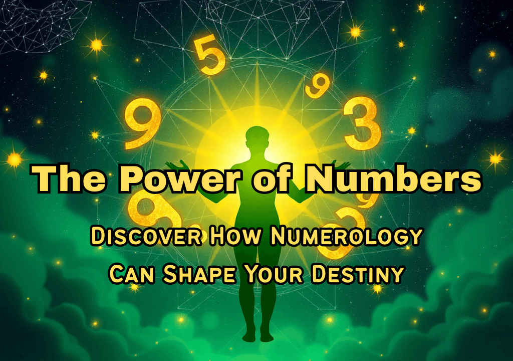 A silhouetted figure stands with outstretched arms. They are enveloped in a bright yellow glow. Golden numbers and geometric patterns surround the figure. The background is a dark, starry sky.