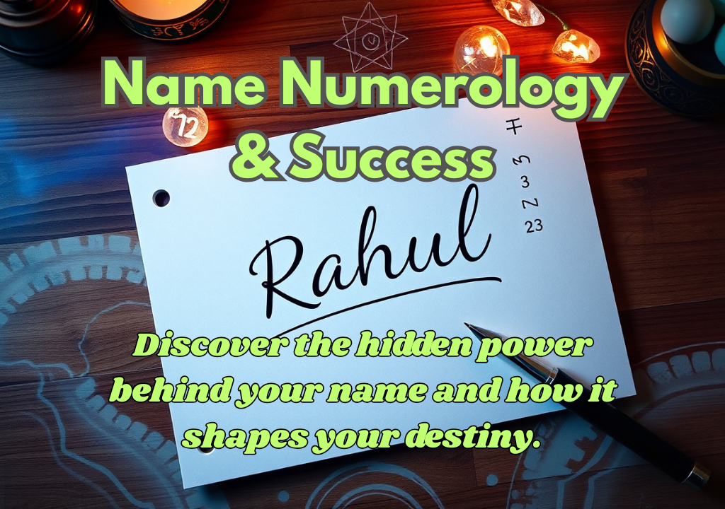 A piece of paper displays the name "Rahul". It sits on a patterned surface. A pen rests beside it. Lit candles and small glowing objects surround the paper.