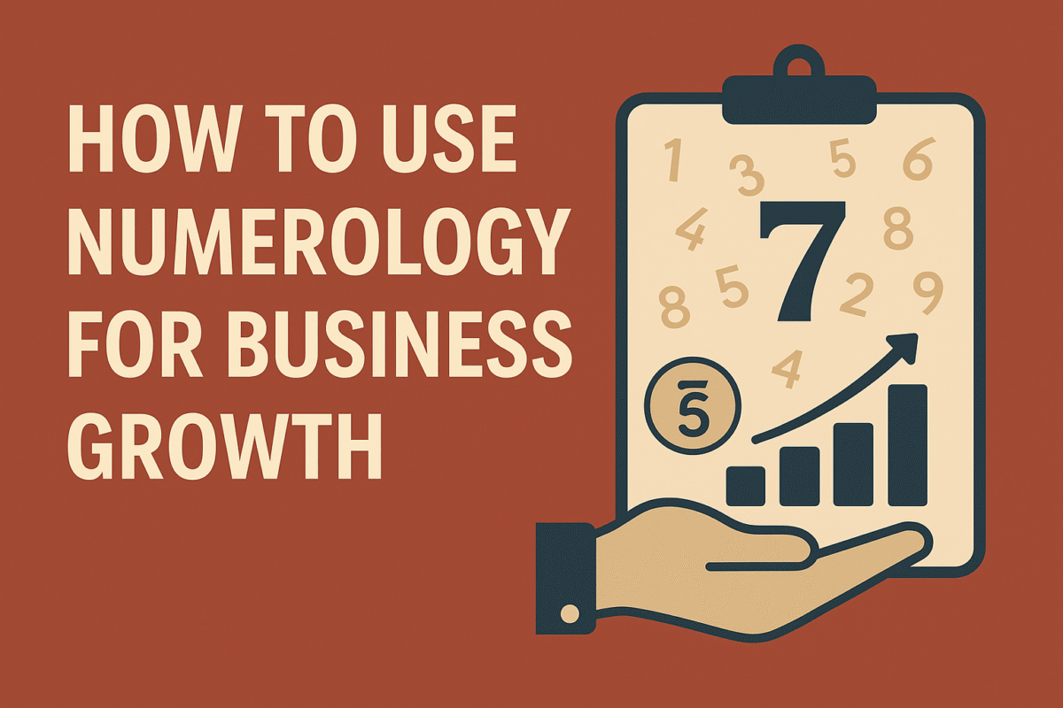 Vector graphic illustrating numerology for business growth with symbols, charts, and upward trends.