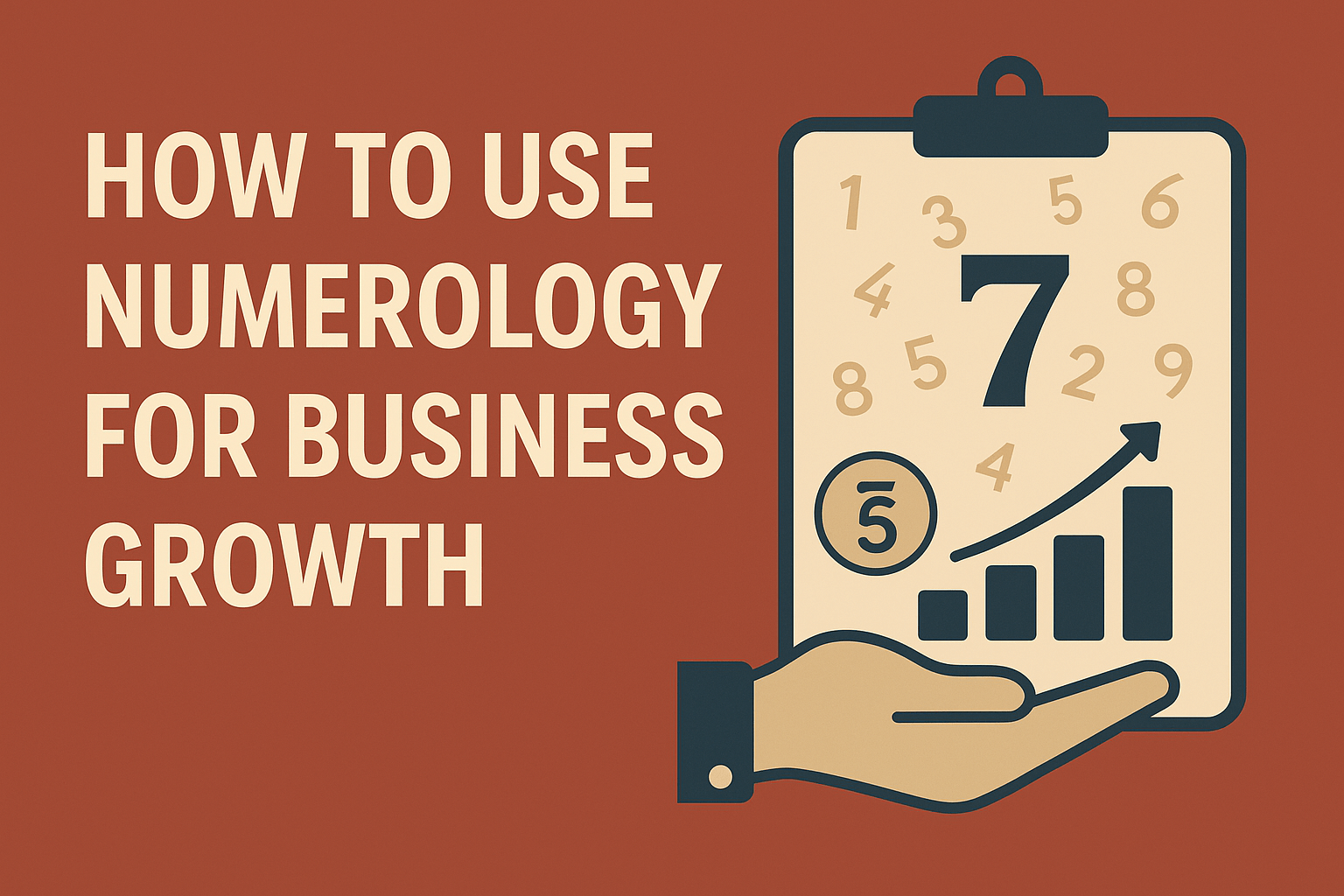 Vector graphic illustrating numerology for business growth with symbols, charts, and upward trends.