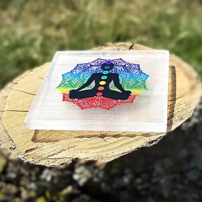 Side view of 7 Chakra Selenite Charging Plate on wooden block in garden